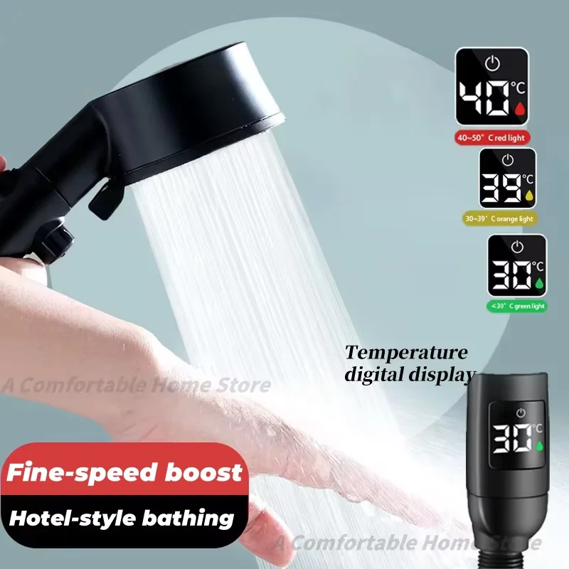 

Shower Head Temperature Digital Display Adjustable 5 Mode Rainfall Shower Large Flow High Pressure Water Saving Shower New