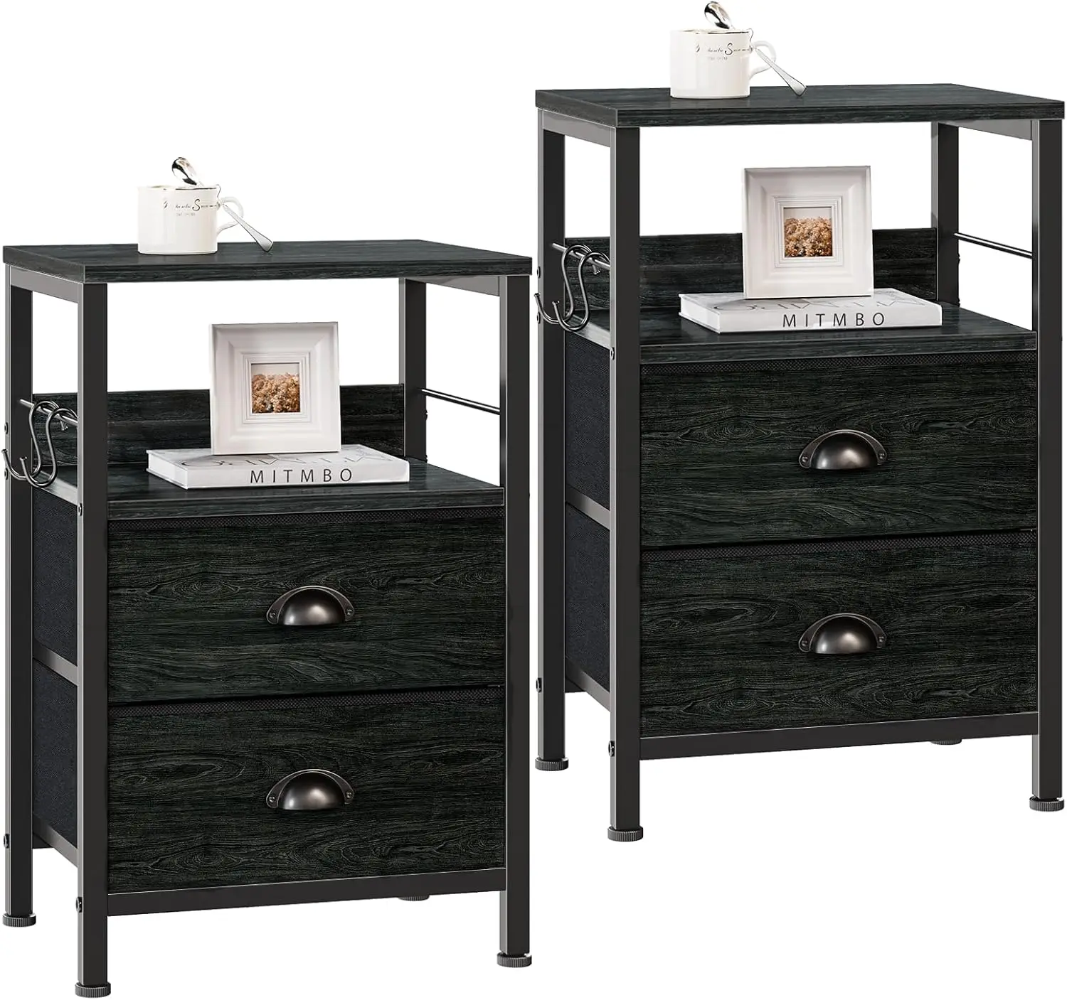 

Nightstands Set 2, Night Stand with 2 Fabric Drawers, Bedside Tables with Open Shelf, Wooden Top, Hooks, Backboard Desig