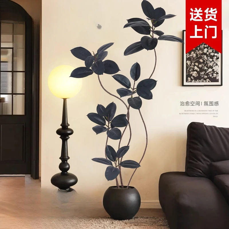 Simulated green plant black diamond rubber tree indoor living room large potted plant high-end light luxury bionic fake tree pla