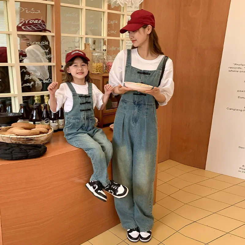 

Mother and Daughter Matching Outfits Clothes Mom Baby Girl White Short Sleeve T Shirts and Denim Jumpsuit Pants Two Piece Sets