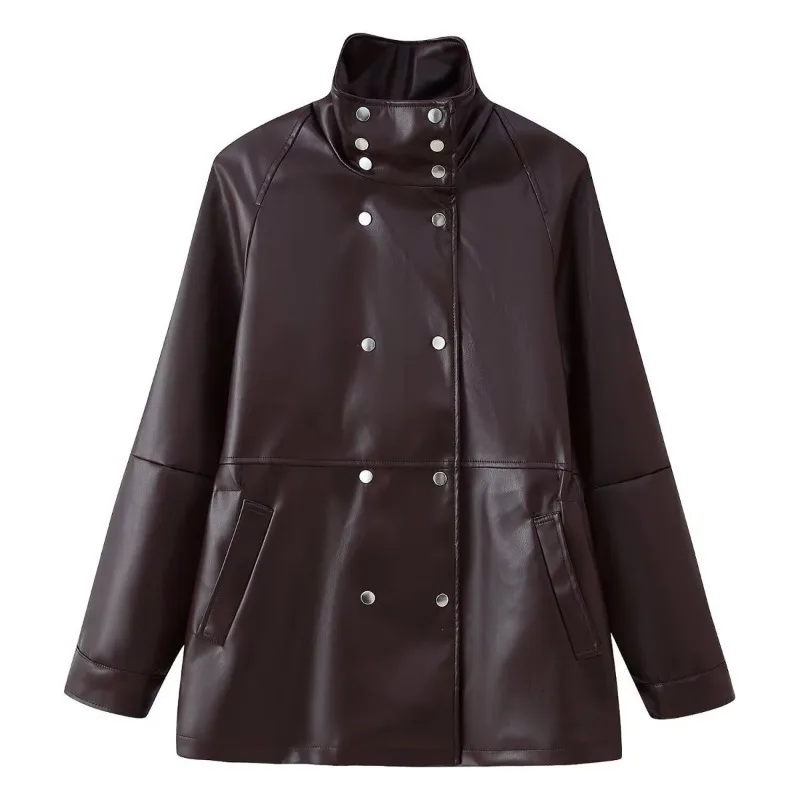 Autumn Winter Women's Leather Jacket. Features A High-end PU Leather Trench Coat with A Stand-up Collar Design A Cinched Waist.