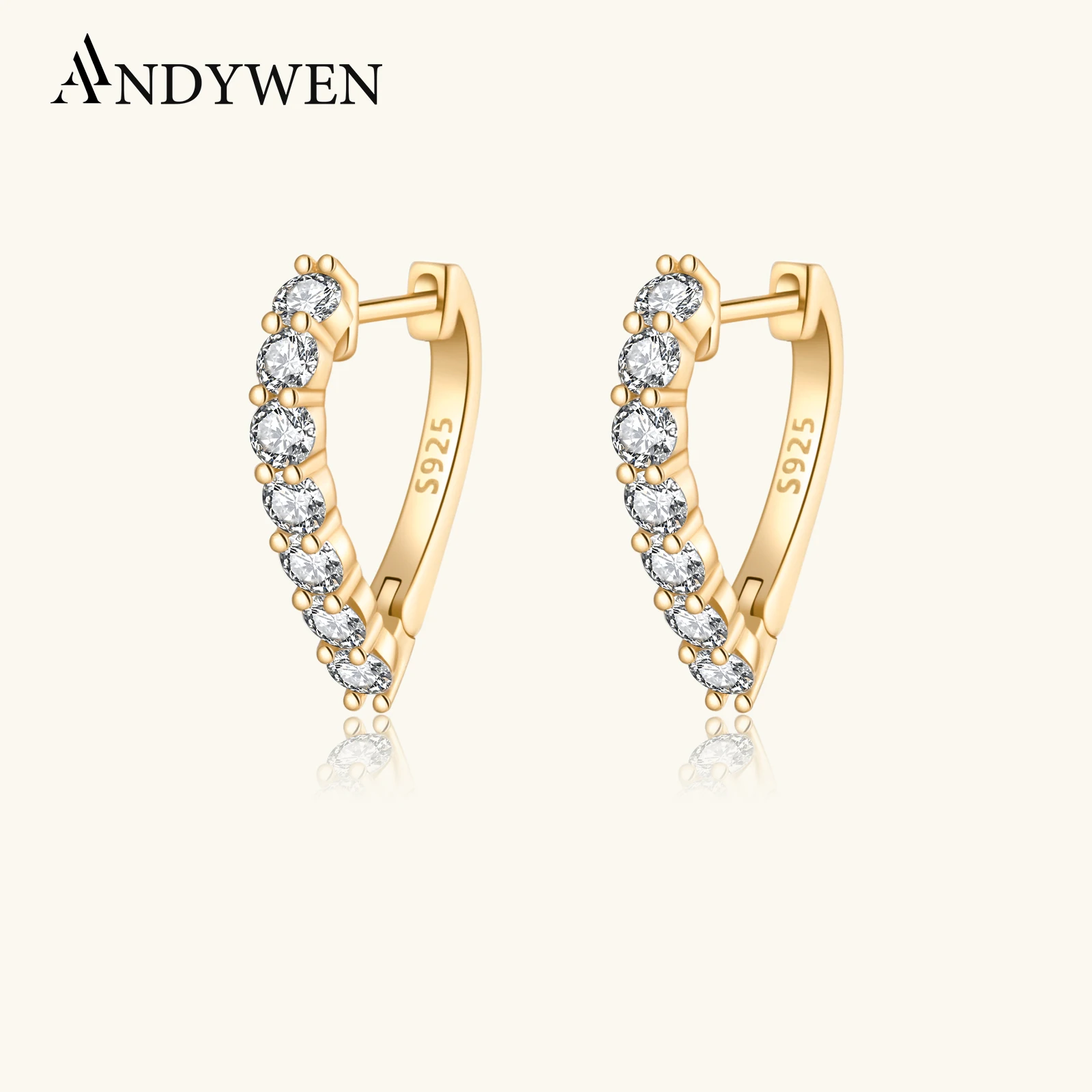 Andywen 9,5 Sterling Silber Gold mm Herz Reifen Huggies Pen dientes Ohrring Clips Luxus edlen Schmuck
