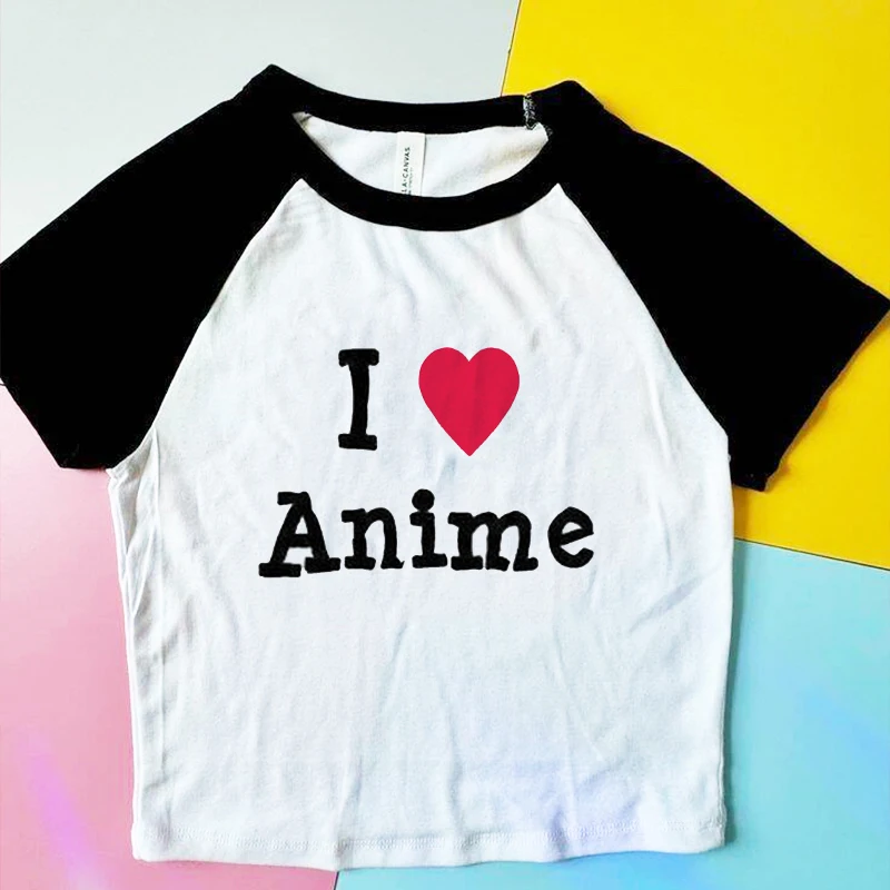 Crop Top I LOVE  ANIME Summer Y2K Fashion Girls Crop Tee Short Short Sleeve Women Casual T Shirts O Neck Korean Fashion Tees