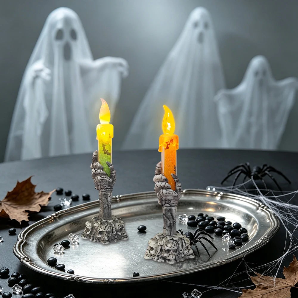 2pcs Halloween Ghost Hand Skull Candle Light, LED Skull Candle Decorative Candle Holder Light for Halloween Party Bar Decoration