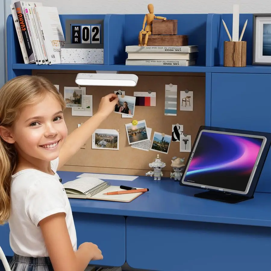 طقم مكتب وكرسي دراسة خشبي للأطفال، مكتب أطفال مع ضوء ومحطة شحن، درجين، خزائن تخزين و3 تخزين O #3