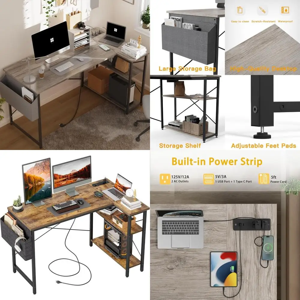 مكتب كمبيوتر زاوية مقاس 55 بوصة على شكل حرف L مع منافذ طاقة وأرفف قابلة للعكس، مثالي للألعاب والمساحات الصغيرة #1