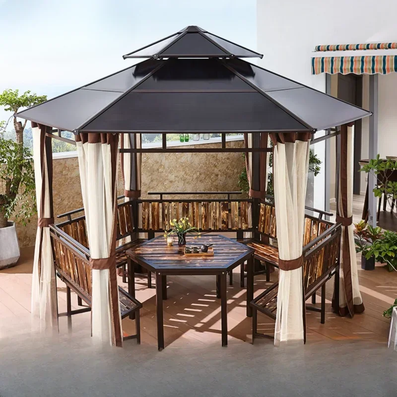 

Outdoor gazebo awning PVC sun panel wrought iron gazebo tent villa courtyard canopy with seat hexagonal pavilion