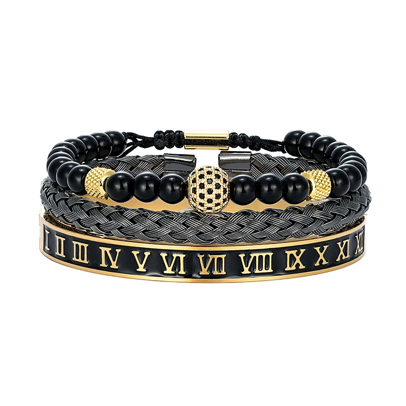 3Pcs Men's Skull Crown Samurai helmet Bracelet Set Roman Numerals Stainless Steel Bangle Adjustable Hip Hop Jewelry Gift for Men