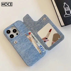 HOCE Denim Zipper Wallet Cases For iPhone 17 Air 16 15 14 Plus 13 12 Mini 11 Pro Max Makeup Mirror Card Holder Phone Cover