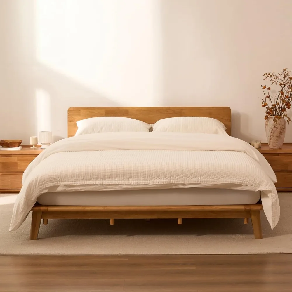 Solid Wood Platform Bed Frame Queen, Rubberwood,Tool-Free Fast Assembly, Low Profile Floating,Storage Shelf&Charging, Customized