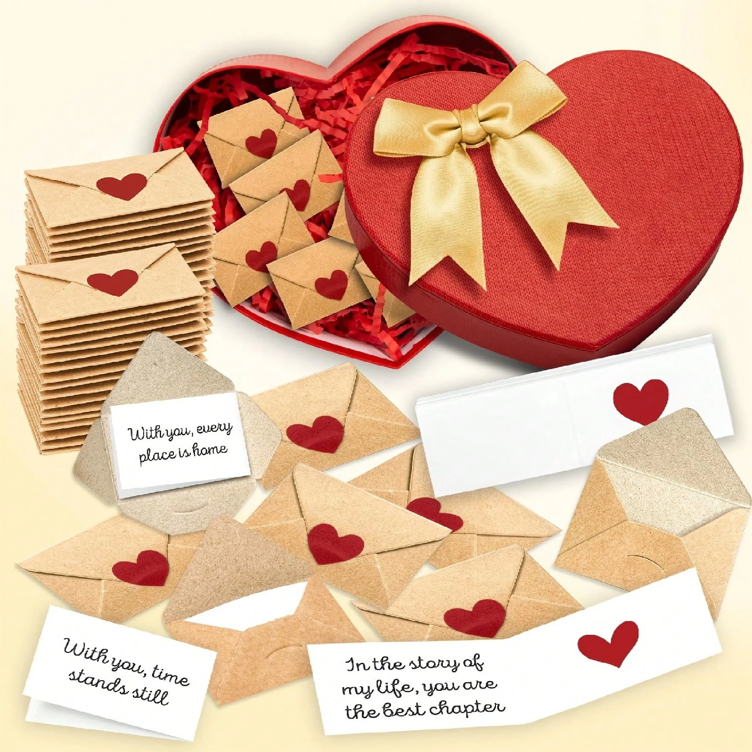 

30/90pcs Mini Envelopes with Heart Stickers - Self-Sealing Love Notes, Mini Valentine Cards Suitable for Weddings, Engagements -