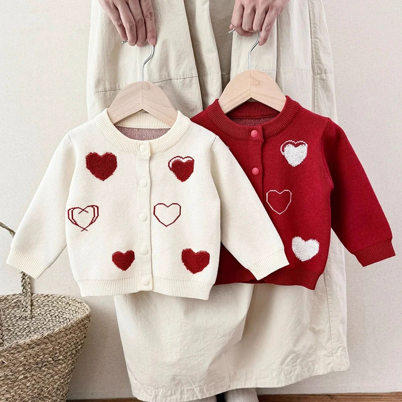 عيد الميلاد الوليد طفلة محبوك الخريف سترة طويلة الأكمام الشتاء سترة الصلبة فضفاض القلب بلايز عادية 3M-6Y الاطفال الملبس #4
