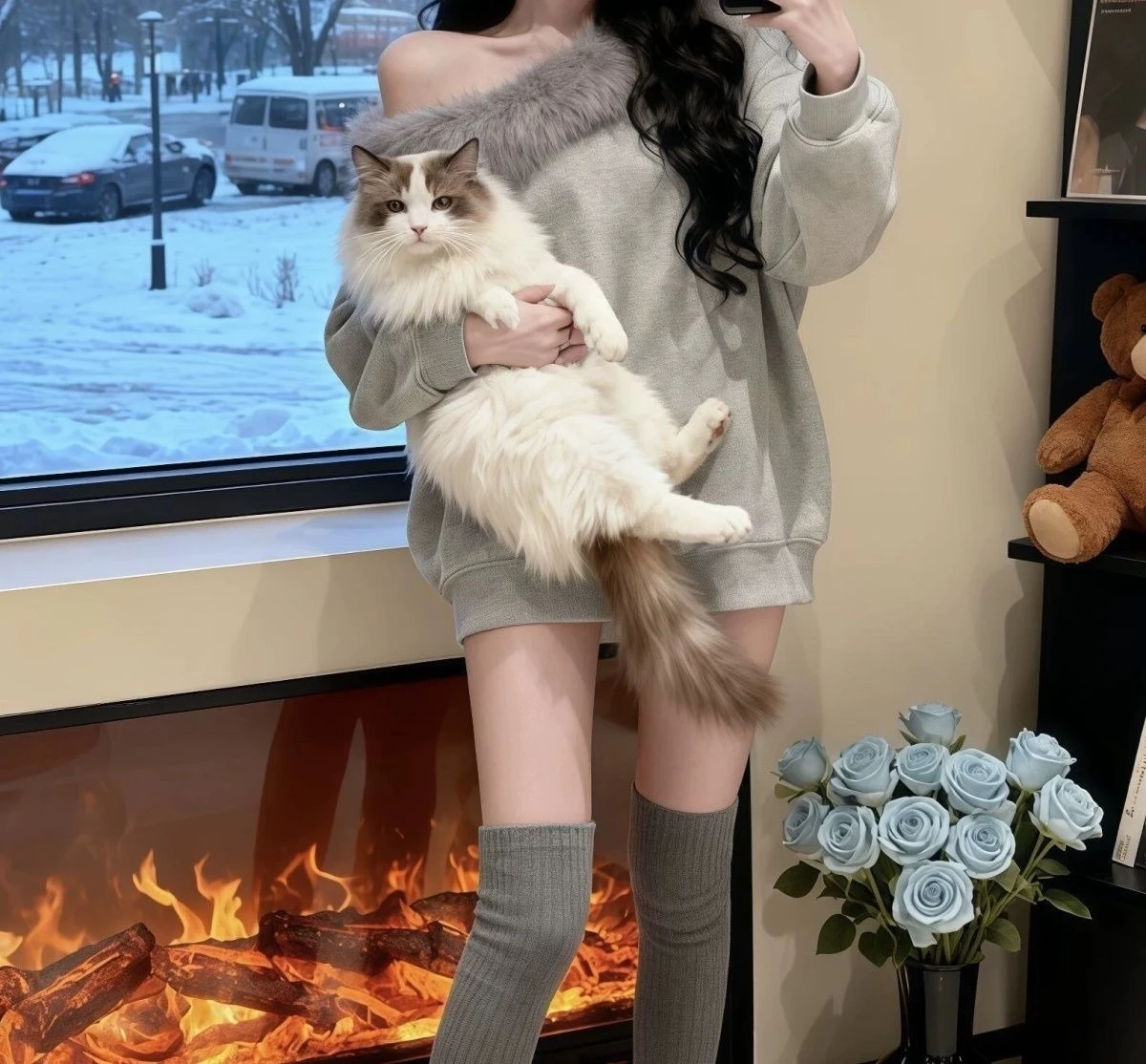 

Women's 2025 Autumn/Winter New Arrival Loose Fleece-Lined Thickened Pullover Sweatshirt with Fur Trim