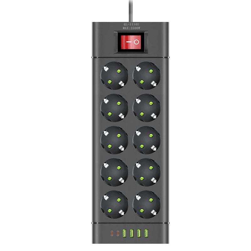 EU Plug Stekkerdoos DC Outlet Verlengsnoer 6/8/10 Stopcontact met 4 USB 2 Type-C Poorten Ondersteuning 2500 W Huishoudapparatuur