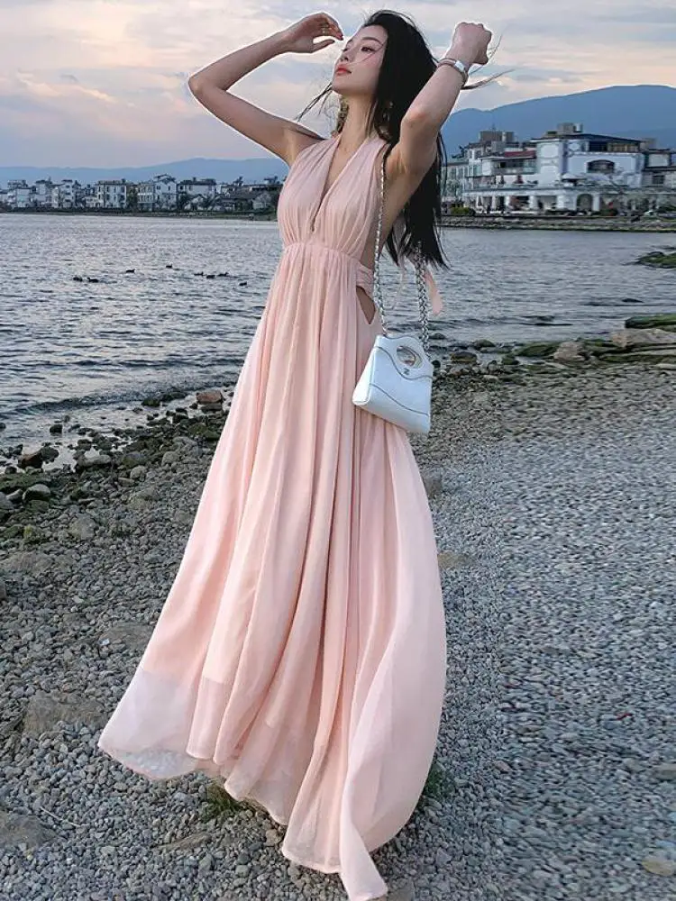 

Retro Women Pink Elegant Off Shoulder Slim Pleated Halter Lace-up Long Dress Summer Sexy Sleeveless Birthday Party Evening Dress