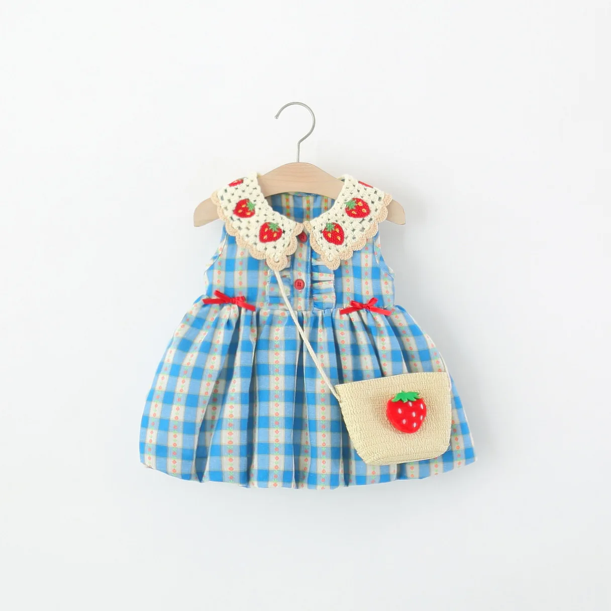 Summer New Baby Girl Blue Dress Sweet Red Strawberry Children'S Clothing+Bag (9 Months -4 Years Old)