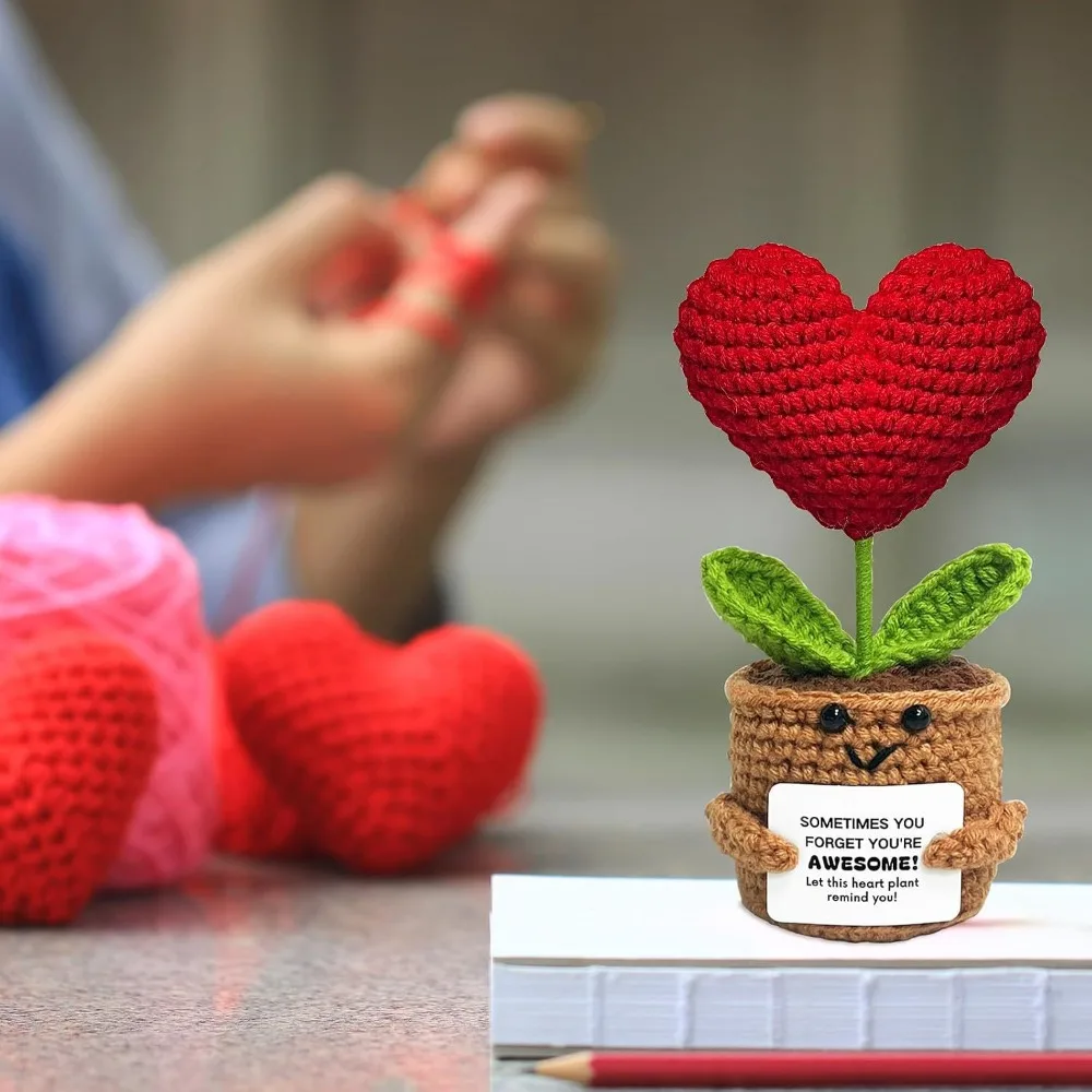 Handmade Crochet Emotional Support Heart Plant Knitted Desk Decor with Positive Card Stress Relief Gift for Friends Coworker