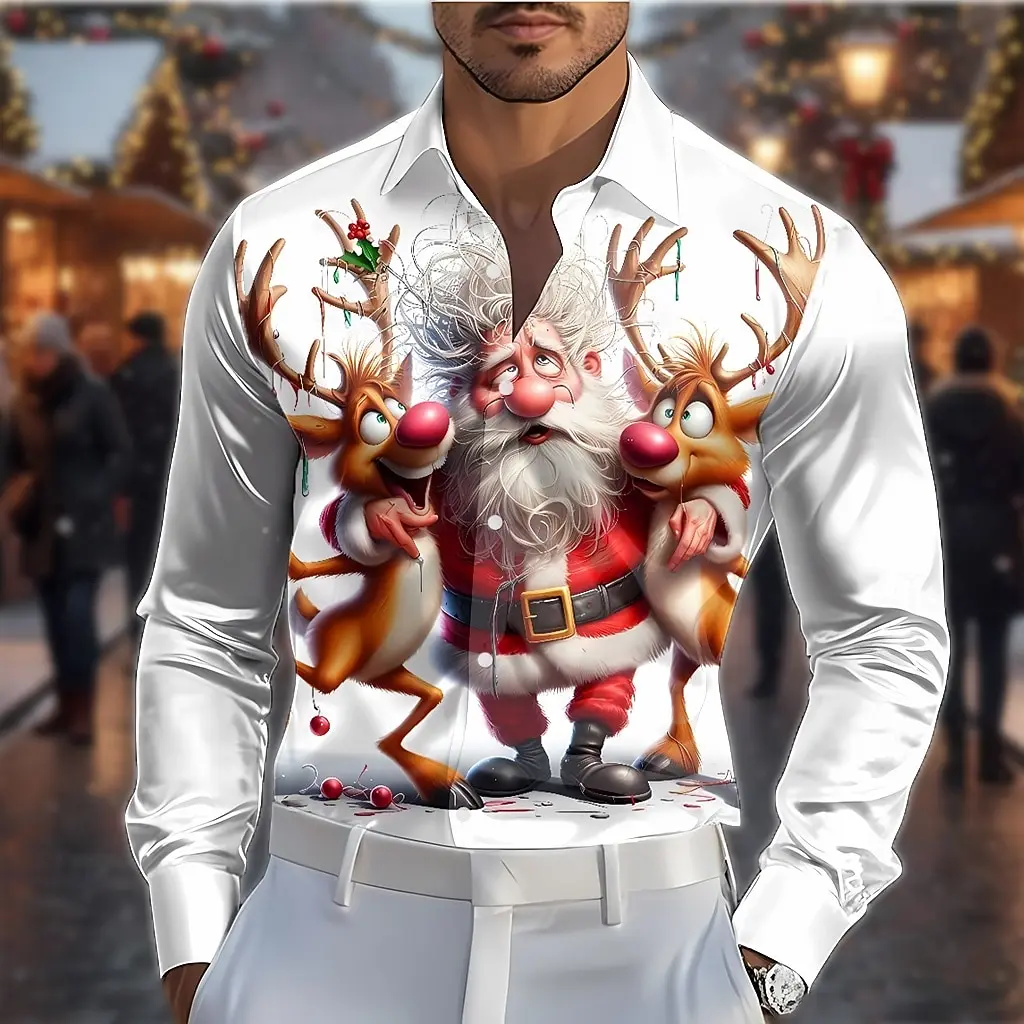 قميص عيد الميلاد للرجال سانتا كلوز الرنة المضحك لعيد الميلاد، قميص بأكمام طويلة، كاجوال للعطلات والربيع والخريف