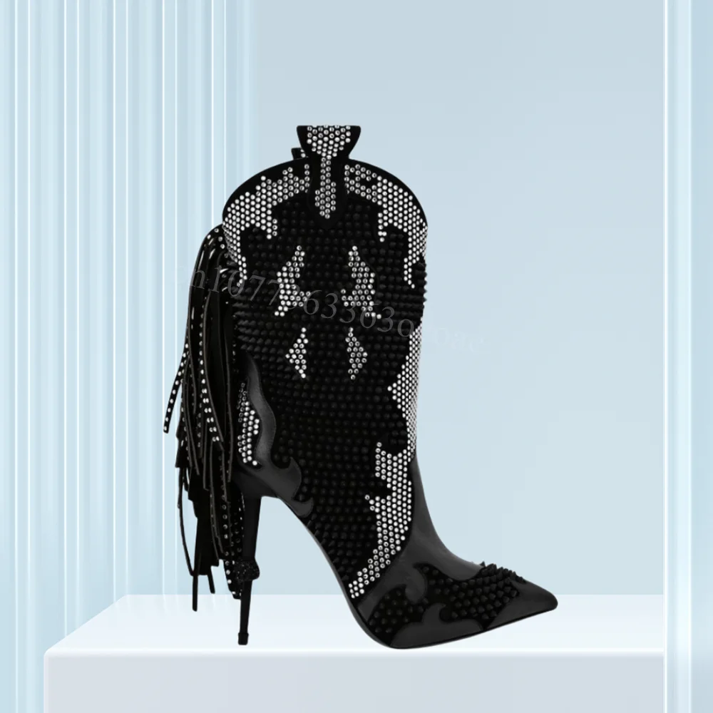 

Rinestone Decor Mid Calf Boots String Decor Matte Leather Shoe for Women Metal High Heel Fashion Shoes 2025 Zapatos Para Mujere