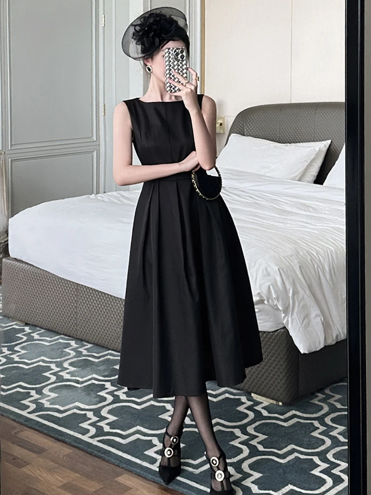 

Women's Elegant Formal Occasion Long Dress for Woman Classic Simple Black Vest Pleated Swing Robe Female Party Banquet Vestidos