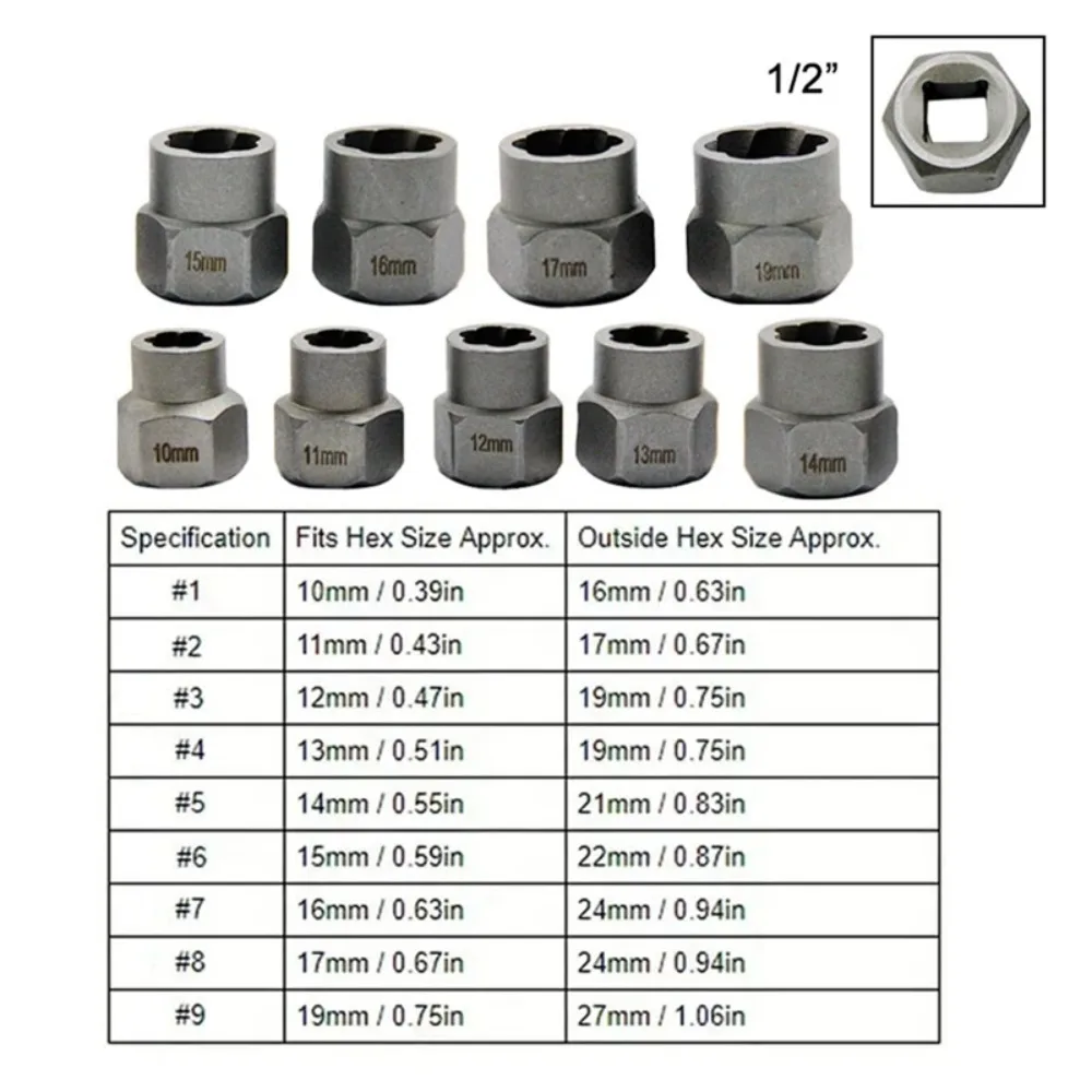 10pcs Twist Broken Damaged Bolt and Nut Extractor Set 1/2" Drive Impact Lug Nut Remover Socket Tool