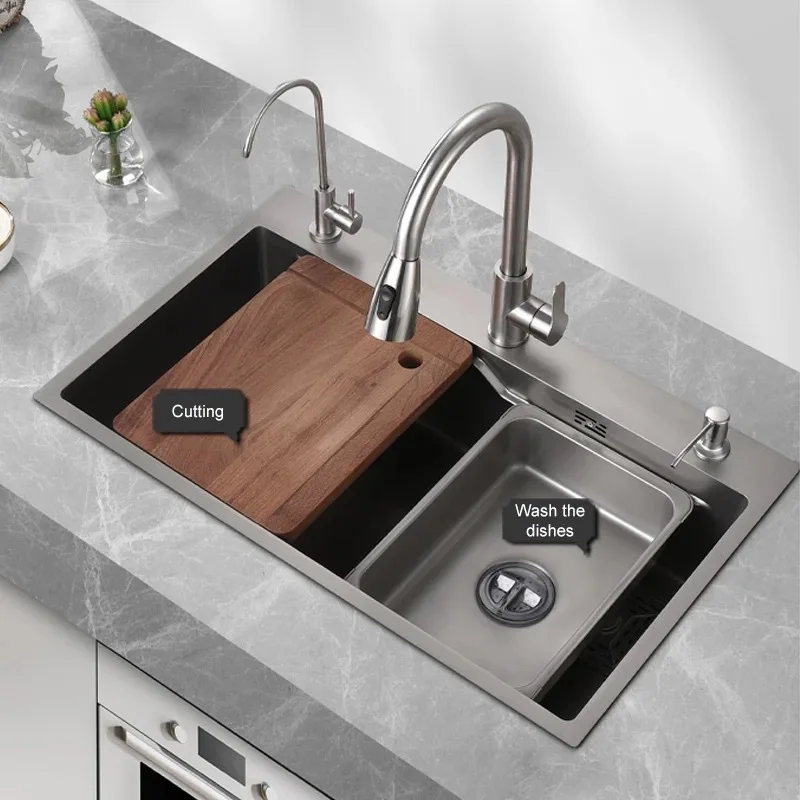 

Серая утолщенная нано-кухонная мойка из нержавеющей стали 304, ручная работа, Z-образная одинарная сухожильная большая раковина для овощей с одним баком