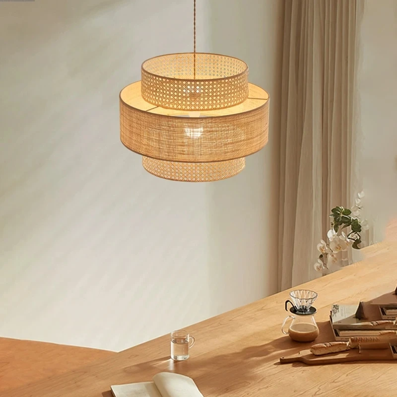 Nordic Wabi Sabi Chandelier Retro Woven Rattan Pendant lamp for Bedroom Living Room Kitchen study Hand-woven LED Pendant light