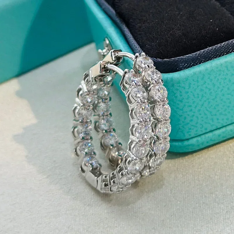 

100% 925 Sterling Silver Single Row Zirconia 25MM Hoop Earrings For Women Fine Jewelry