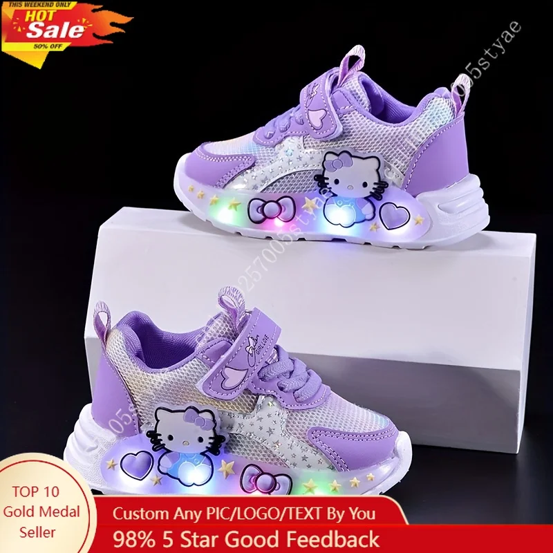 

Hello Kitty Summer Mesh Light-Up Casual Sports Shoes Girls' Cartoon Mesh Comfortable Princess Shoes Bright Light Running Shoes