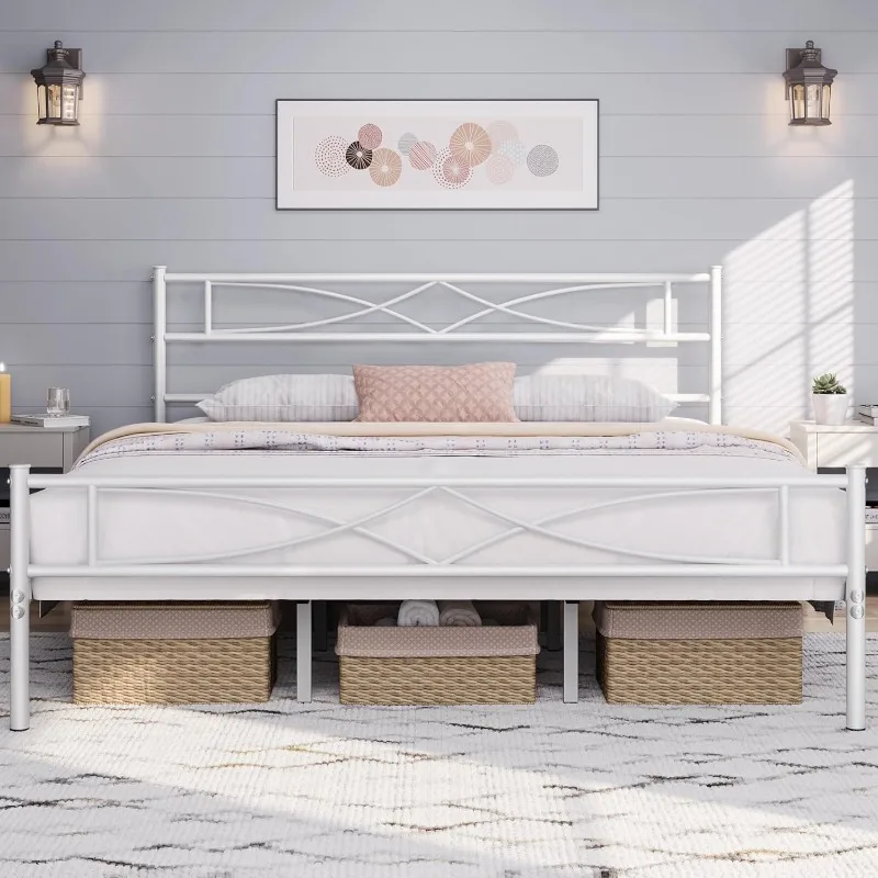 

Metal King Size Bed Frame, Platform Bed Frame, Mattress Foundation with Curved Design Headboard & Footboard, NO Box Spring