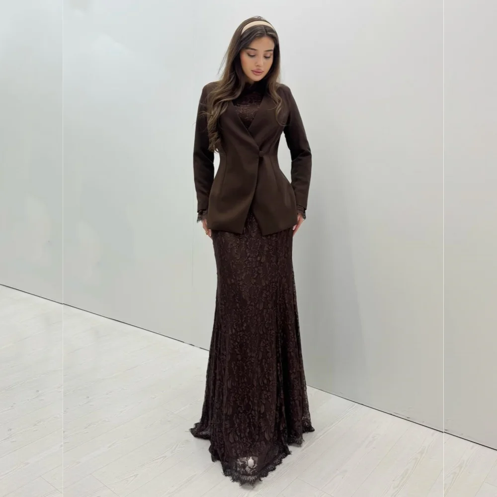 

Customized Lace High Collar Long Sleeves Trumpet Long Dresses Bespoke Occasion Woman Elegant Party Wedding Guest Evening Dress