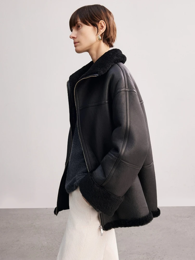 High-end Luxury Merino Sheep Fur Winter Motorcycle Jacket for Women 2025 Simple Classic Black Genuine Leather Real Lamb Fur Coat