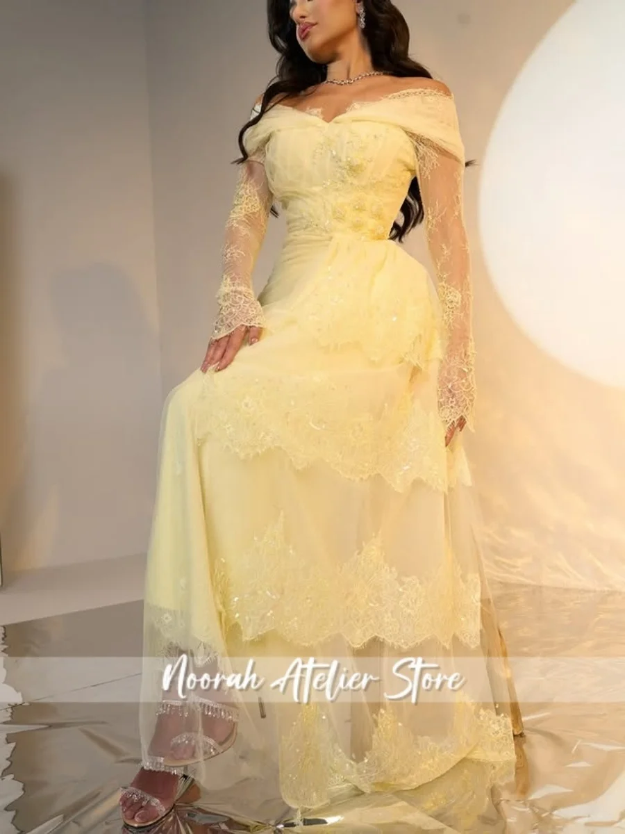 Nuevo amarillo personalizado de encaje elegante vestidos de noche lujosos 2025 mangas Illuison vestido Formal vestido de novia largo Veestidos