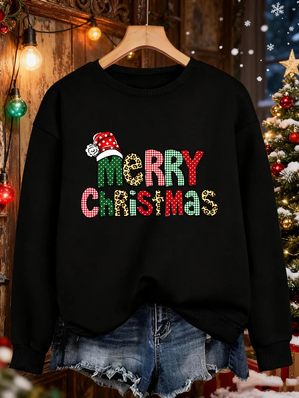 2025, Frohe Weihnachten, bunte Buchstaben-Drucke, Sweatshirts für Damen, lockere, lässige Kapuzenpullover, Fleece, warm, Rundhalsausschnitt, weicher Winterpullover