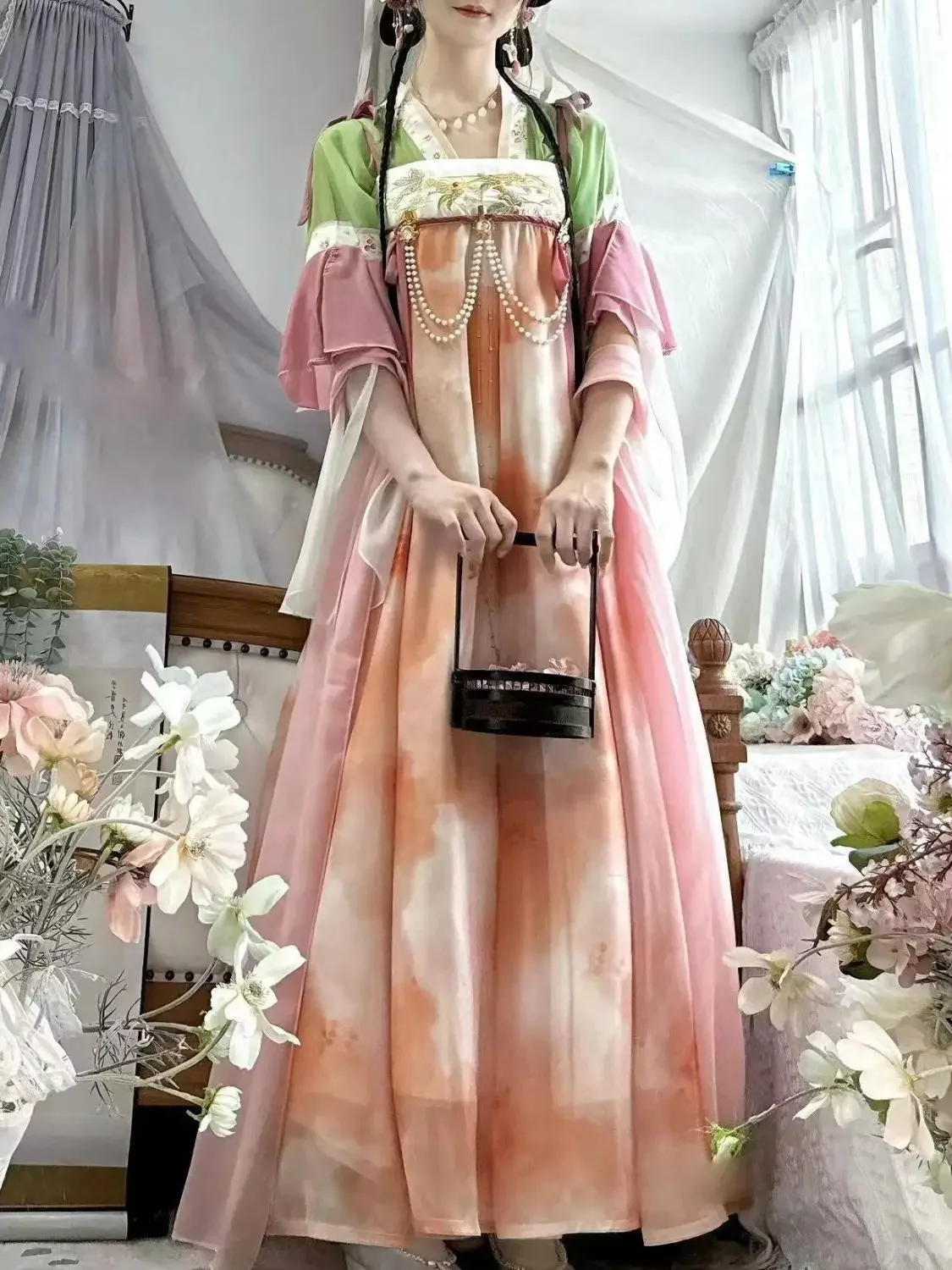 

Original Tang Dynasty Hanfu Dress - High-Waisted Poqun Skirt Floral Print Women Traditional Chinese Costume Ancient Style Outfit
