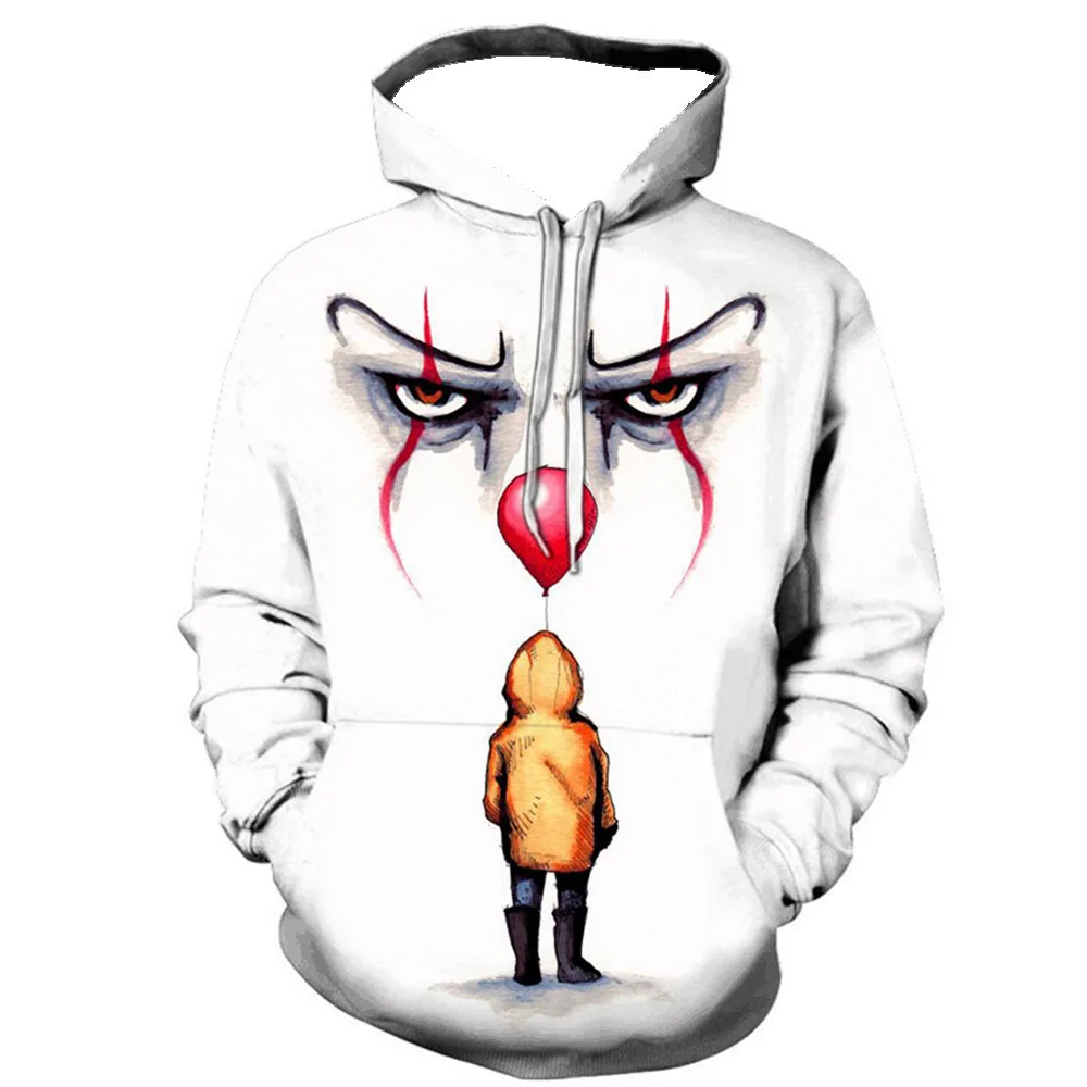 Moletom de palhaço de terror masculino, moletons com capuz, manga comprida, impresso em 3D, rua do terror, hip hop, outono, inverno, moda