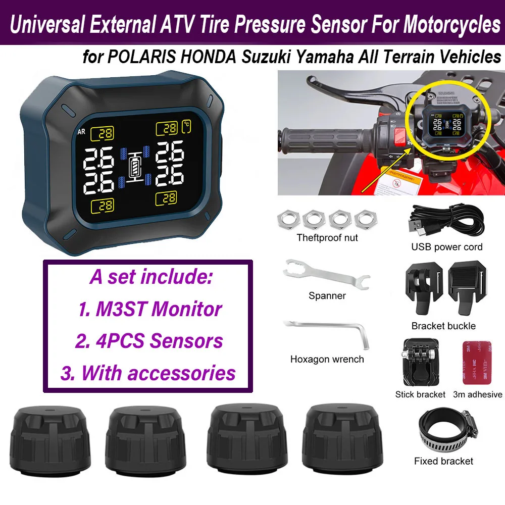 

Система контроля давления в шинах M3ST, универсальная система контроля давления в шинах для четырехколесных внедорожных мотоциклов, с ЖК-дисплеем и 4 датчиками