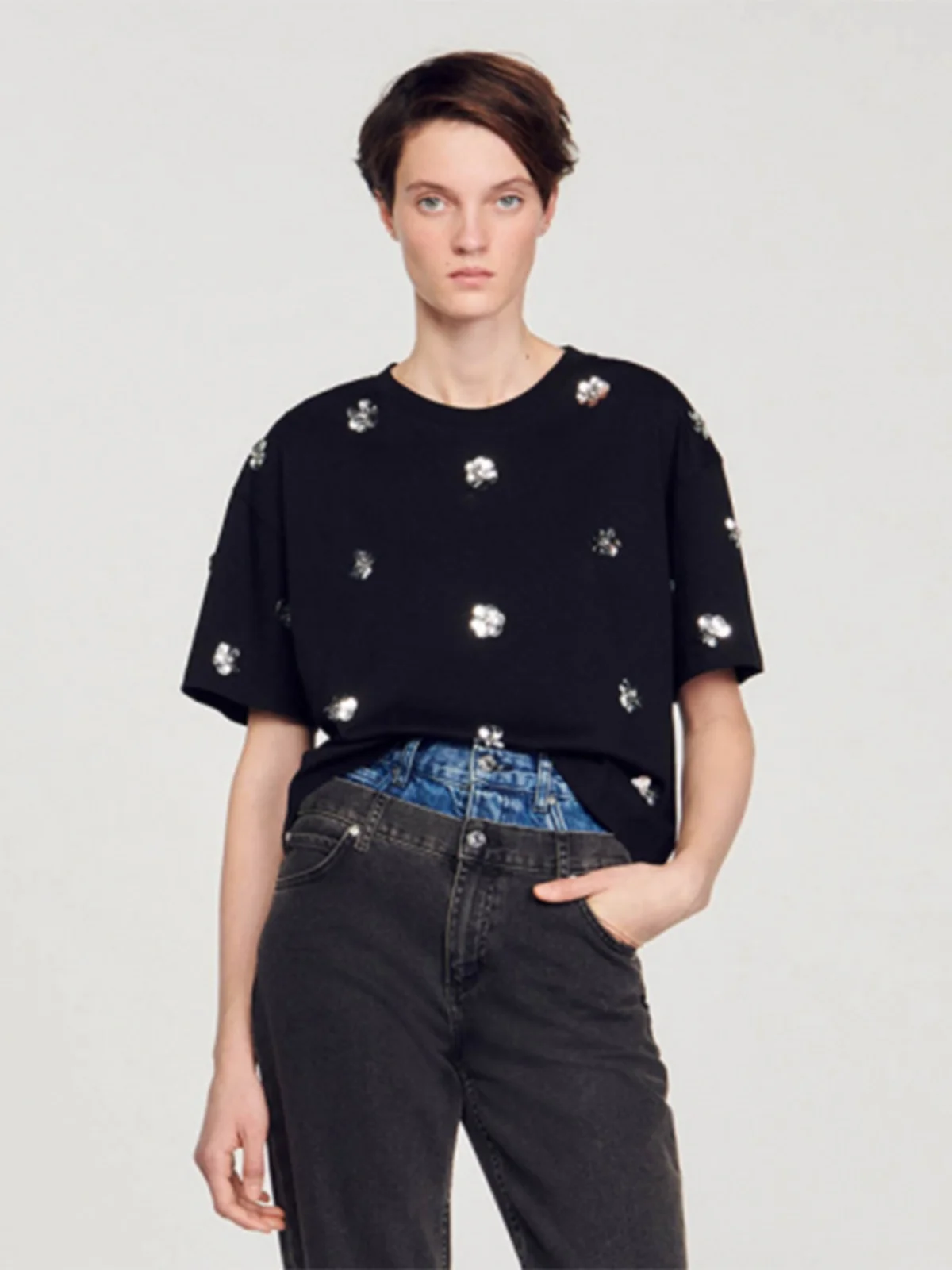 Ele Bla Gestricktes T-Shirt Damen Sommer New Sle Glitter Flower Top Baumwolle ort Sve rund Ne ort Länge Straigh...