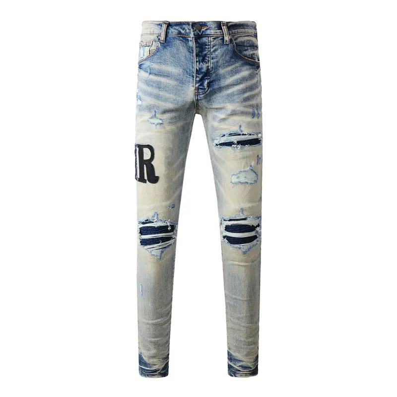 

High street fashion new men's jeans stretch slim fit. ripped patch jeans washed blue high-end designer hip-hop brand pants hombr