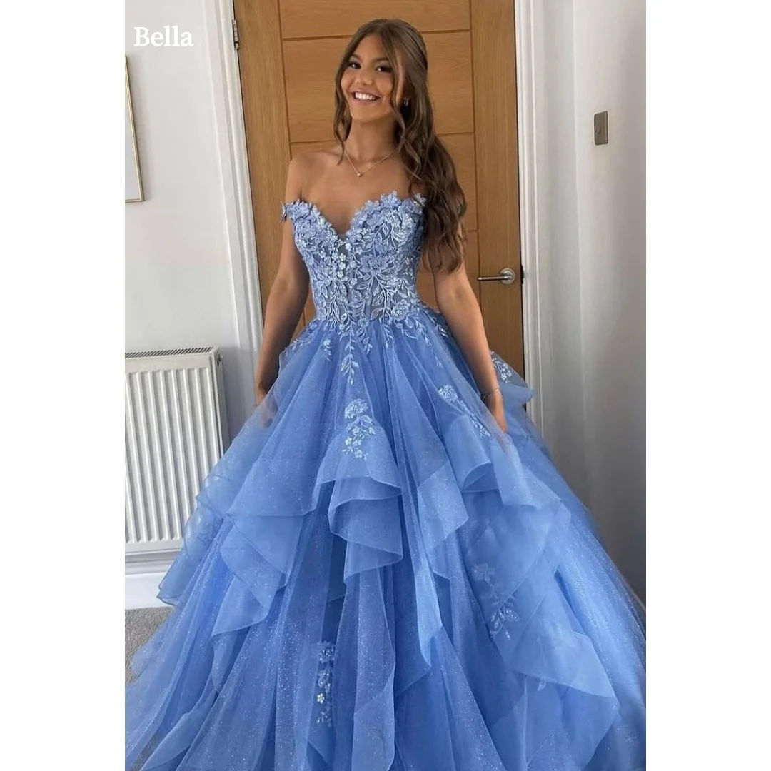 Bella op maat gemaakte blauwe bloemen borduurwerk off-the-shoulder robes de soirée mesh stof feestjurken strapless a-lijn galajurk