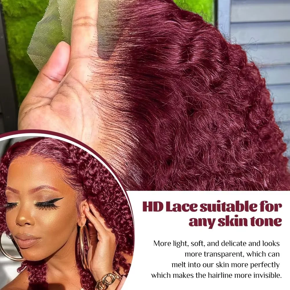 99j vermelho onda de água profunda 200% densidade borgonha curto bob 100% cabelo humano 13x4 peruca frontal do laço brasileiro remy fechamento encaracolado perucas