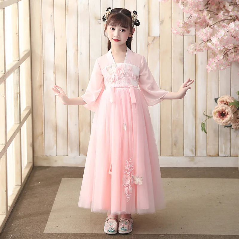 

Summer New Girls Short Sleeve Photography Ancient Hanfu Children Perform Costumes Chiffon Kids Embroidery Tang Suit