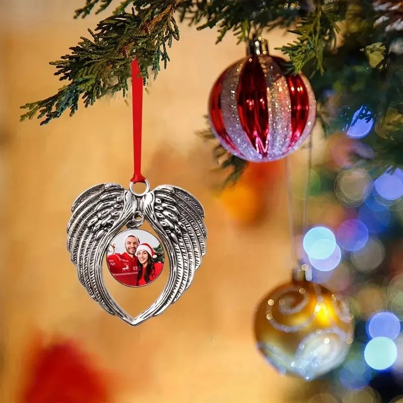 Personalised Angel Wings Heart Ornament - Custom photo home décor with red ribbon, metal holiday gifts, personalised souvenirs