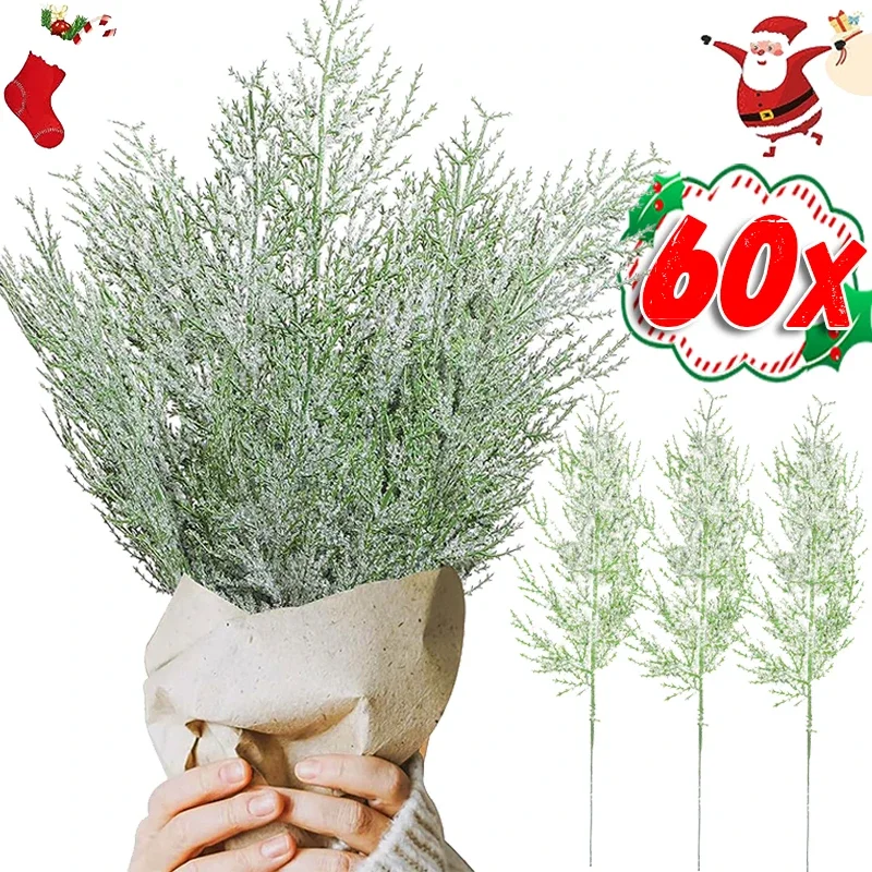 1/60Pcs 크리스마스 서리로 덥은 소나무 가지 인공 가짜 삼나무 가짜 눈 나뭇 가지 소나무 잎 플라스틱 사이프러스 화환 화환 DIY