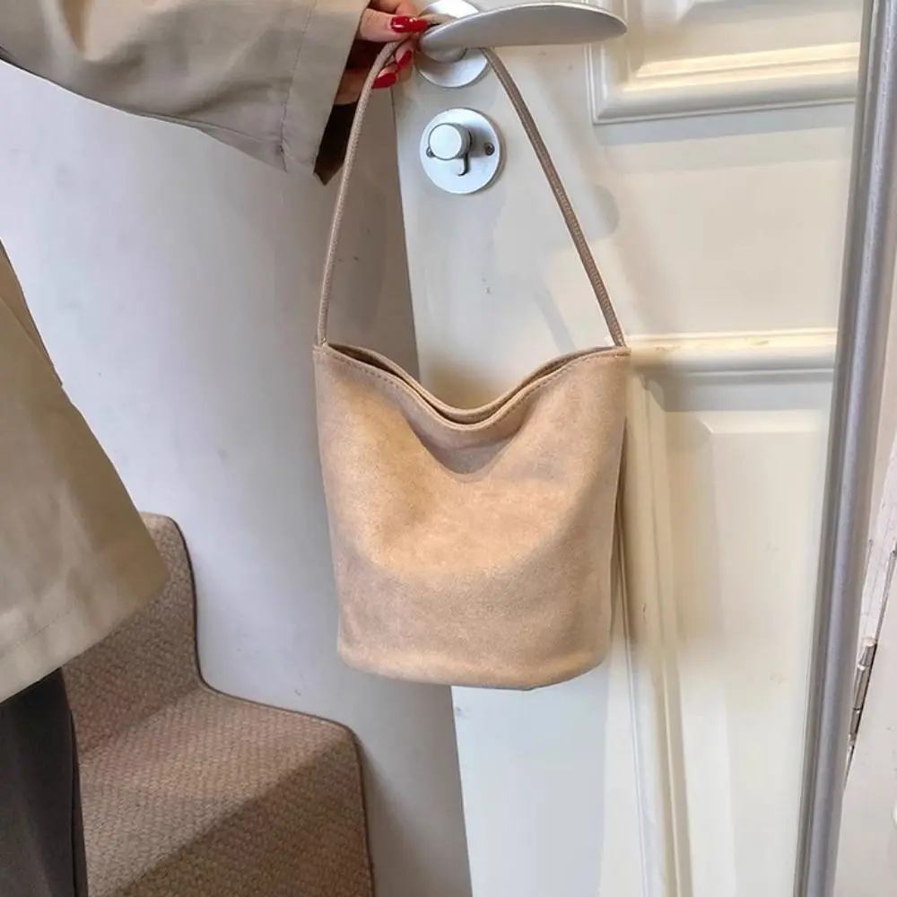 Trendy Pu Leather Suede Bucket Bag Fashion Handbag Velvet Shoulder Bag Simple Large Capacity Pu Tote Bag Girls