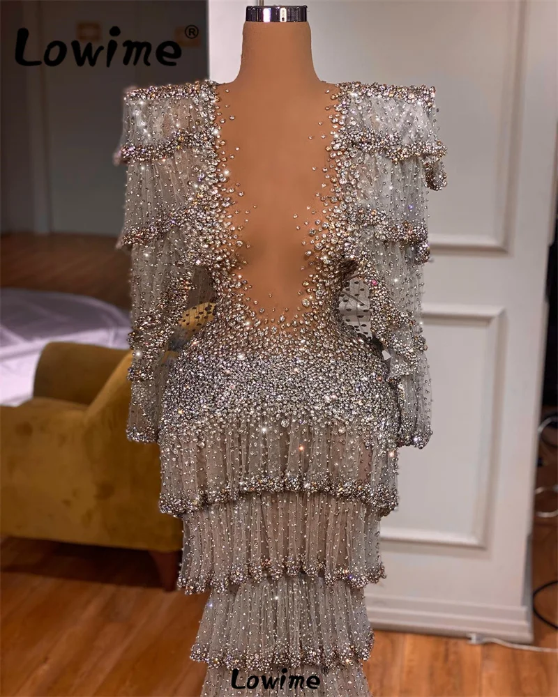 Silver Prom Dress Deep V Neck Heavy Crystals and Stones Long Sleeves Woman Celebrity Dresses 2024 Customize Party Gowns Robe