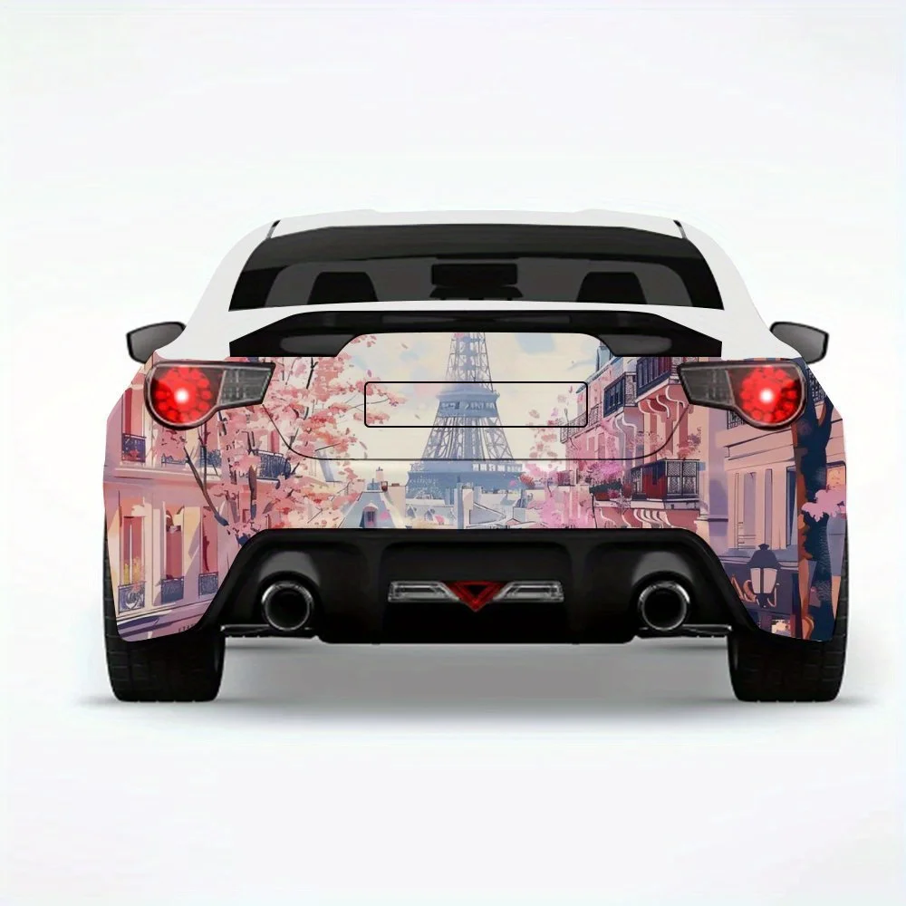 Cherry Blossom Street & Tower Car StickerVinyl Decal for Car Rear, Waterproof Self-Adhesive Vinyl Stickers for Vehicle Tail & Bu