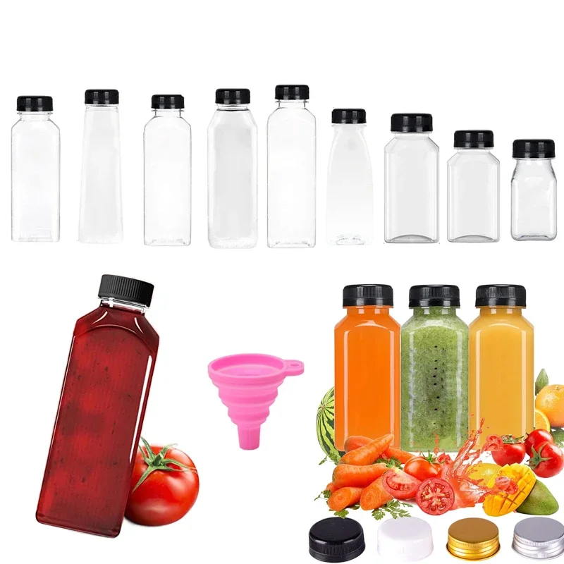 

20pcs Clear 60ML-500ML Plastic Water Bottle w/ Caps W/ Folding FunnelReusable Juice Bottles Juicing Drinks Smoothie Containers