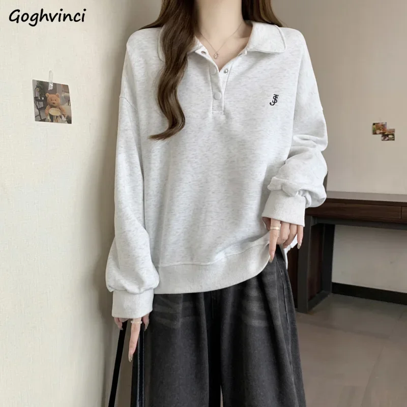 

Sweatshirts Women Turn-down Collar Chic All-match Young Spring Preppy Style Korean Fashion Classic Leisure Daily Baggy Prevalent