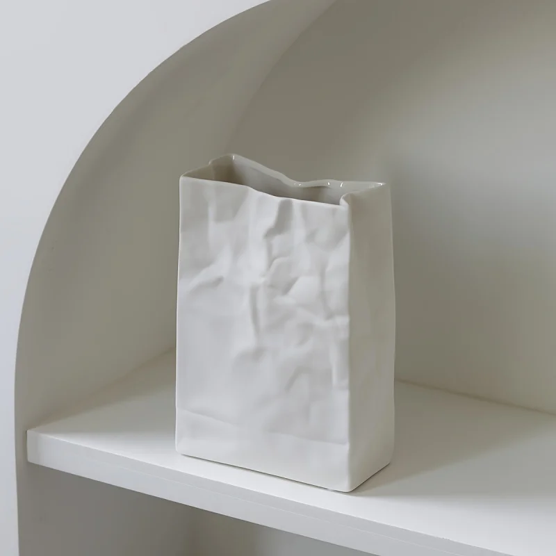 Folded Paper Bag Ceramic Vase, Minimalist Nordic Bohemian Style, Matte Light Luxury Home Decoration Floral Ware